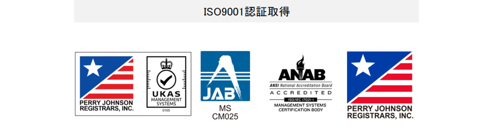 ISO9001認証取得 Perry Johnson Registrars-Quality Assurance UKAS management systems JAB MS CM025 The ANSI National Accreditation Board